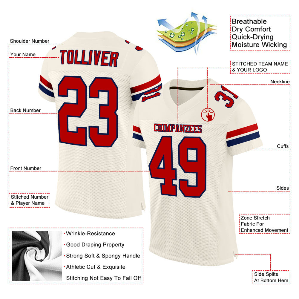 Custom Cream Red-Navy Mesh Authentic Football Jersey view 2