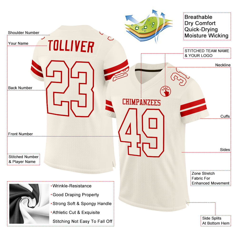 Custom Cream Cream-Red Mesh Authentic Football Jersey view 2