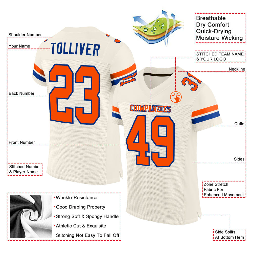Custom Cream Orang-Royal Mesh Authentic Football Jersey view 2