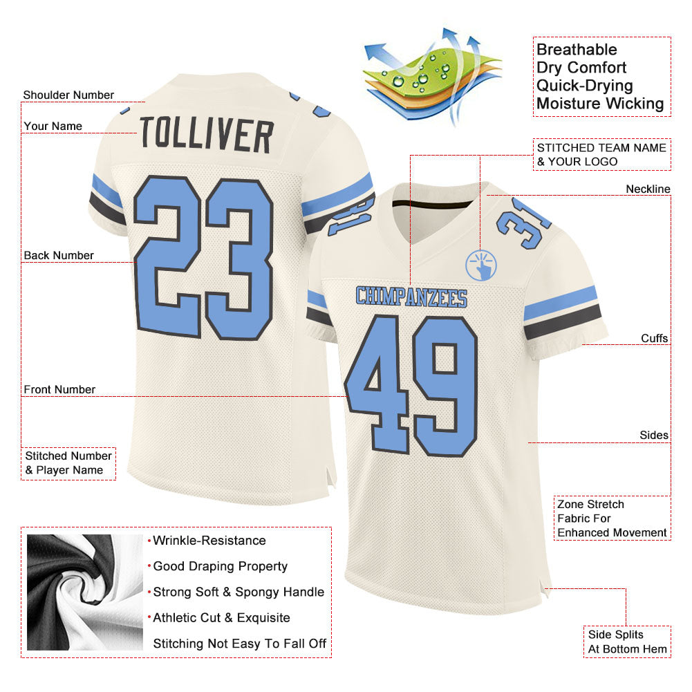 Custom Cream Light Blue-Steel Gray Mesh Authentic Football Jersey view 2