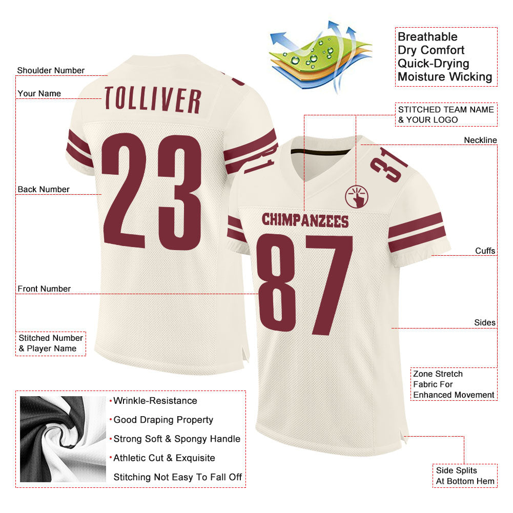 Custom Cream Burgundy Mesh Authentic Football Jersey view 2