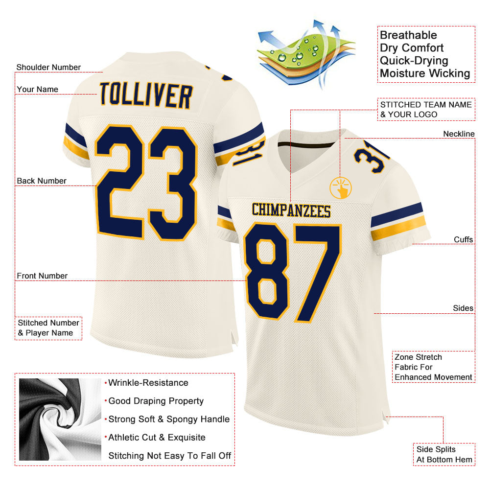 Custom Cream Navy-Gold Mesh Authentic Football Jersey view 2