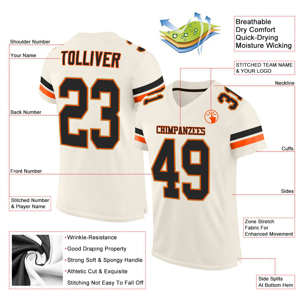 Custom Cream Black-Orange Mesh Authentic Football Jersey view 2