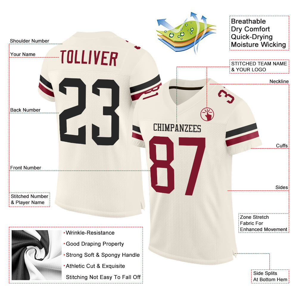 Custom Cream Black-Crimson Mesh Authentic Football Jersey view 2