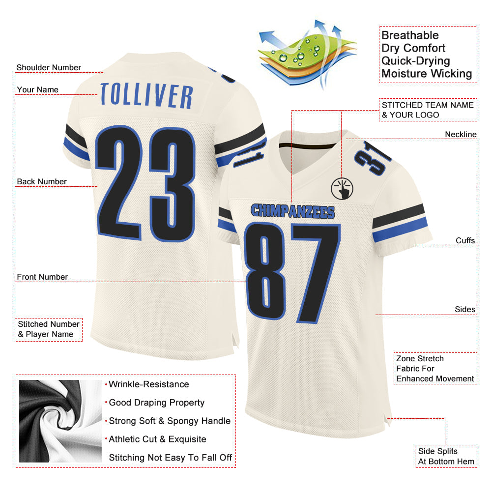 Custom Cream Blue-Black Mesh Authentic Football Jersey view 2