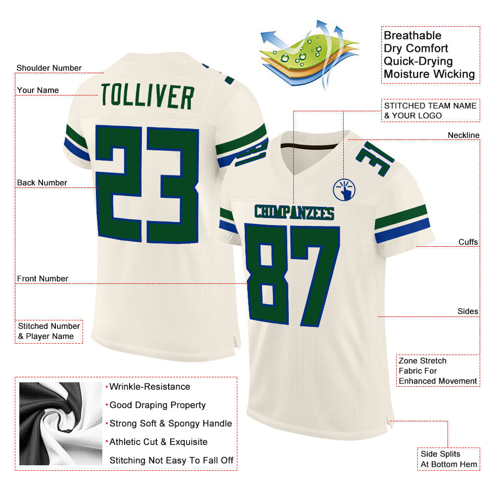 Custom Cream Green-Royal Mesh Authentic Football Jersey view 2