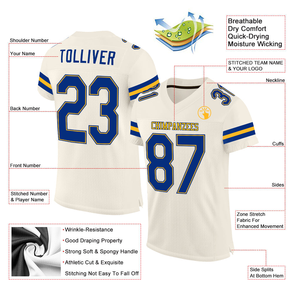 Custom Cream Royal-Gold Mesh Authentic Football Jersey view 2