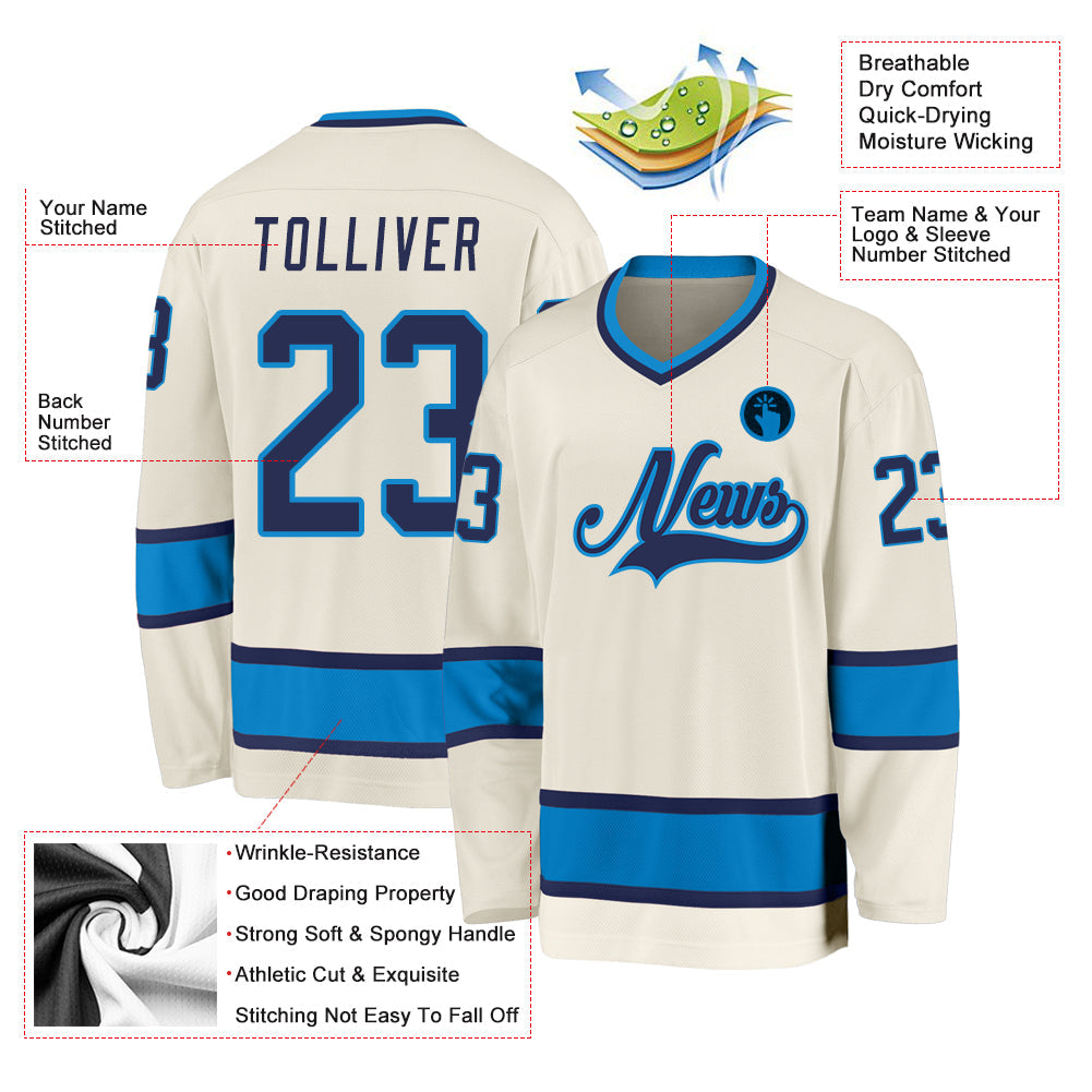 Custom Cream Navy-Blue Hockey Jersey view 2