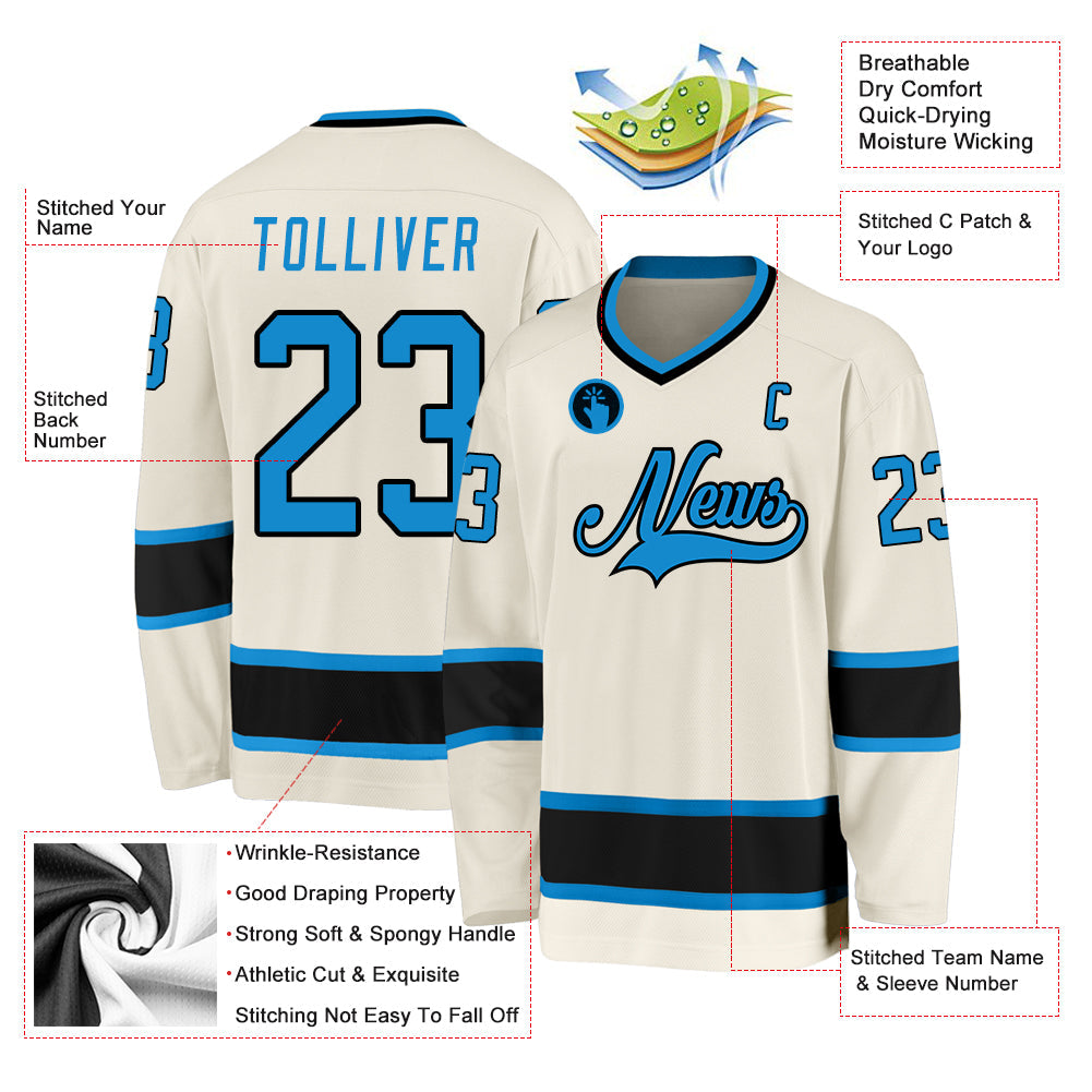 Custom Cream Blue-Black Hockey Jersey view 2
