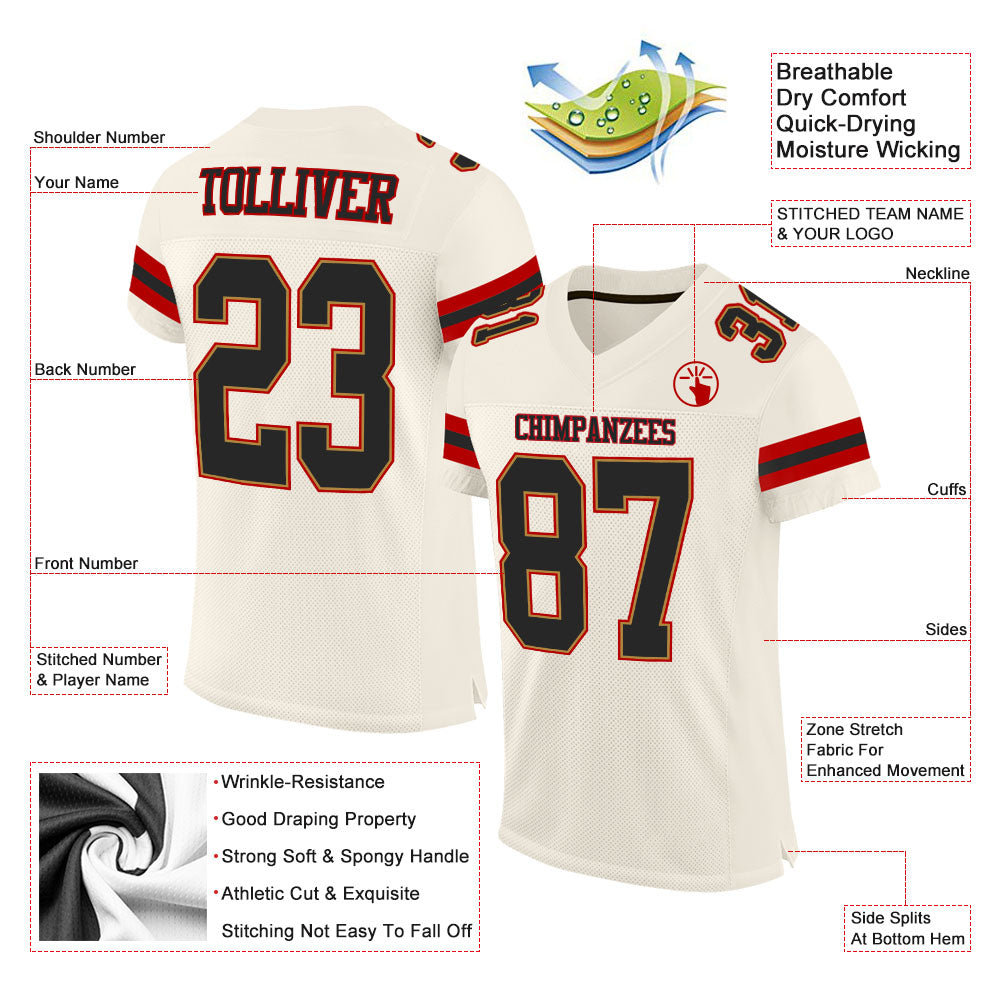 Custom Cream Black-Red Mesh Authentic Football Jersey view 2