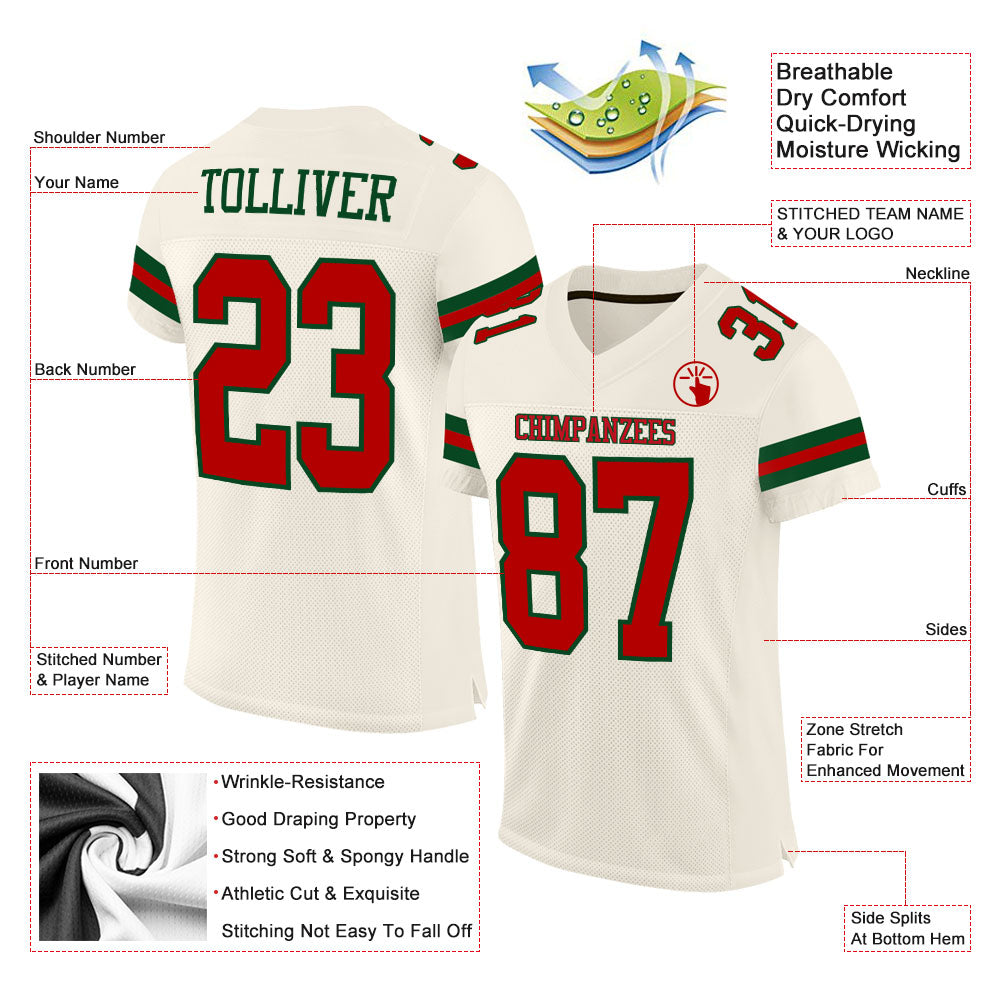 Custom Cream Red-Green Mesh Authentic Football Jersey view 2