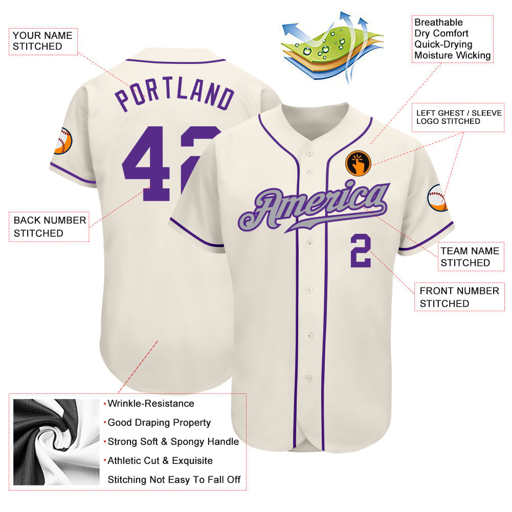 Custom Cream Purple-Gray Authentic Baseball Jersey view 4
