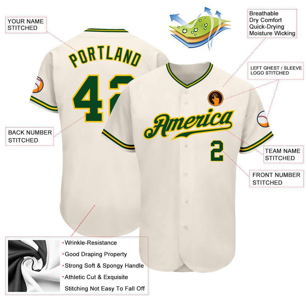 Custom Cream Green-Gold Authentic Baseball Jersey view 3