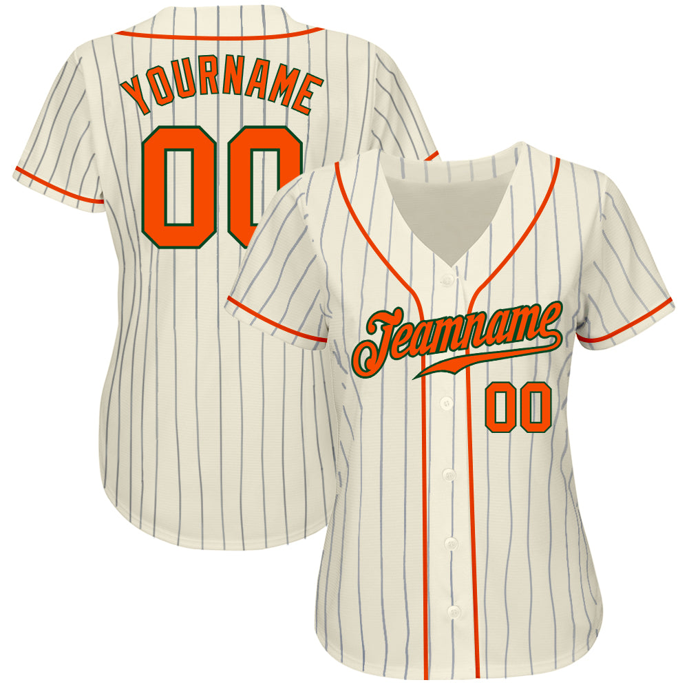 Custom Cream Navy Pinstripe Orange-Green Authentic Baseball Jersey view 2