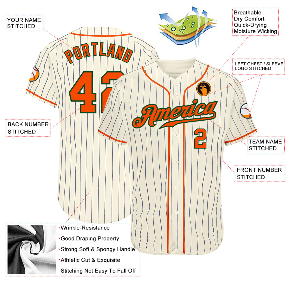 Custom Cream Navy Pinstripe Orange-Green Authentic Baseball Jersey view 3