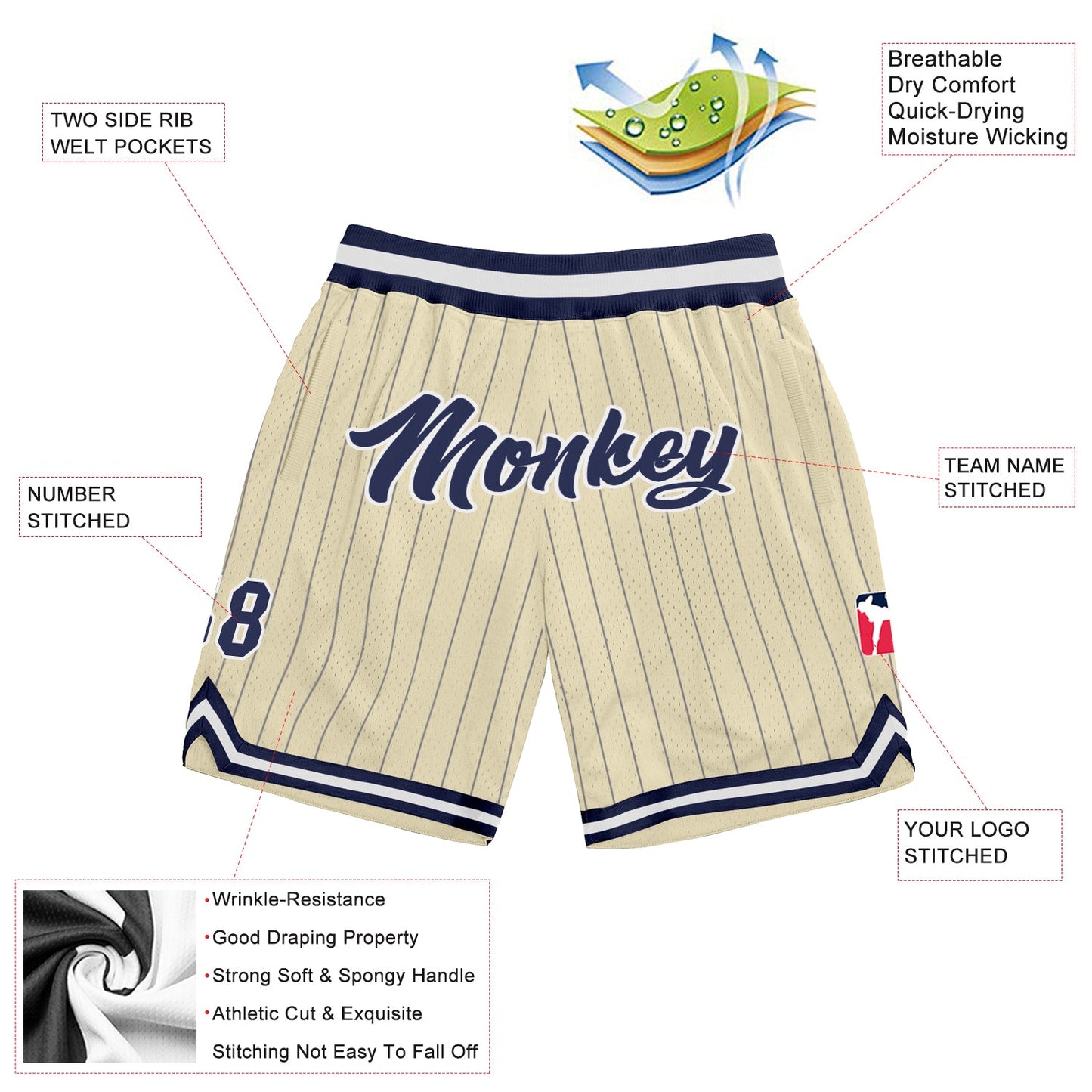 Custom Cream Navy Pinstripe Navy-White Authentic Basketball Shorts view 2