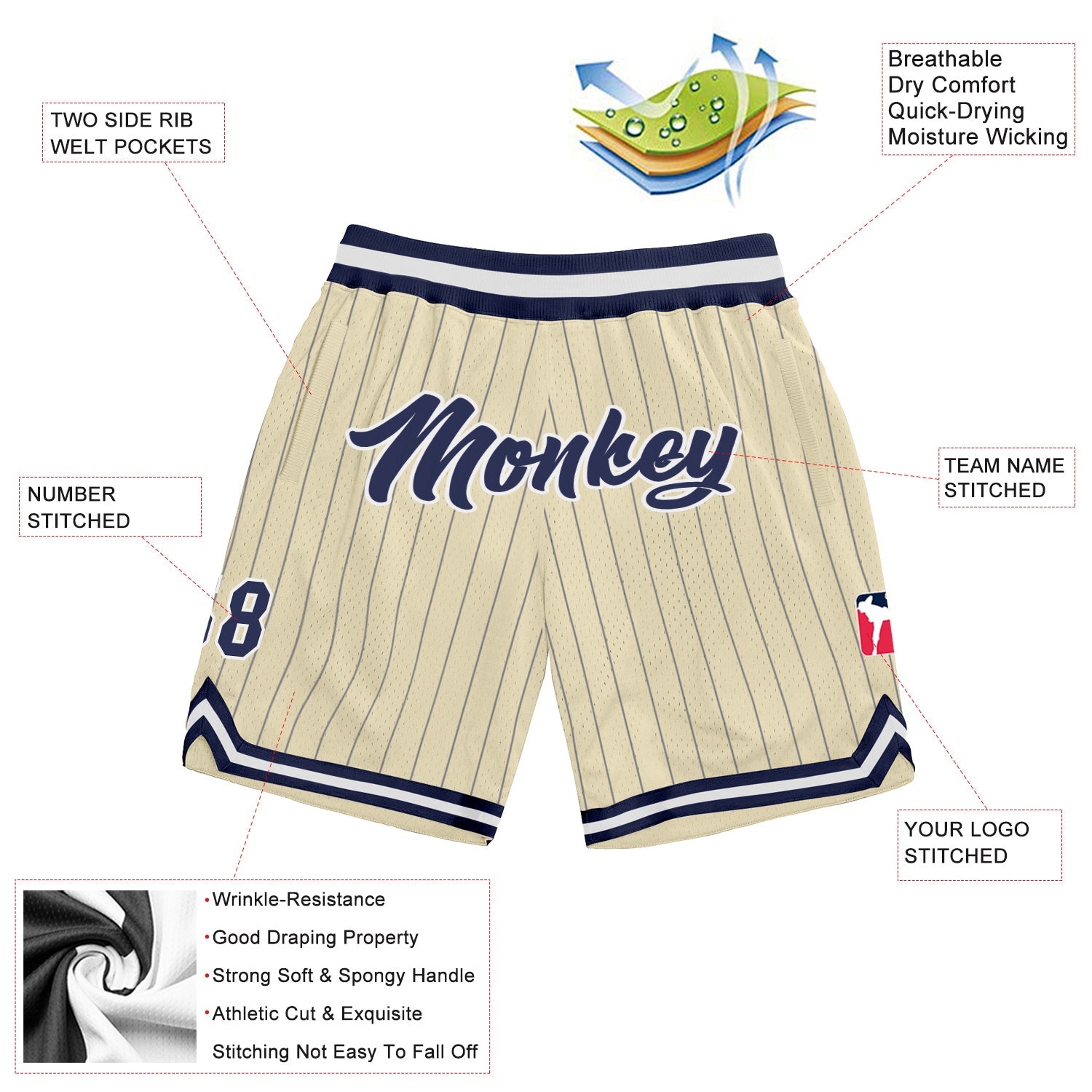 Custom Cream Navy Pinstripe Navy-White Authentic Basketball Shorts view 2