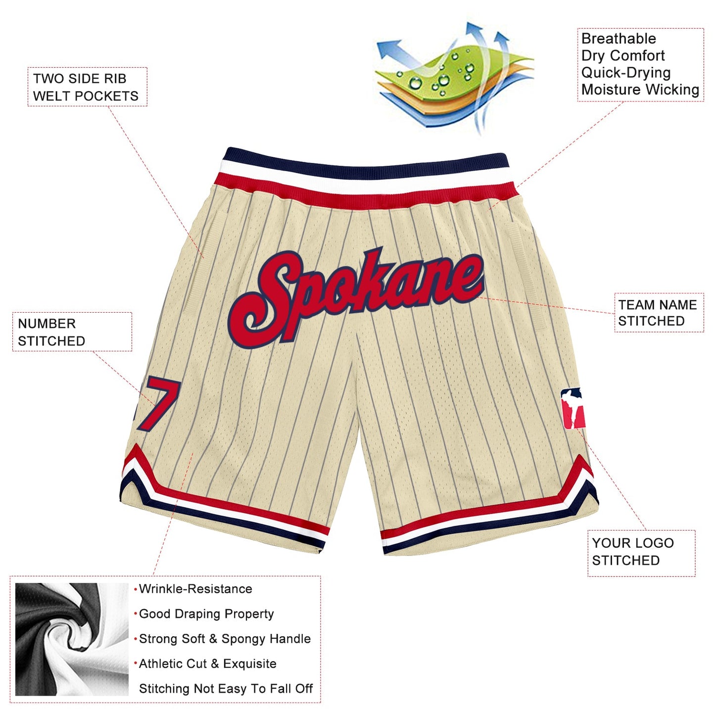 Custom Cream Navy Pinstripe Red-Navy Authentic Basketball Shorts view 2