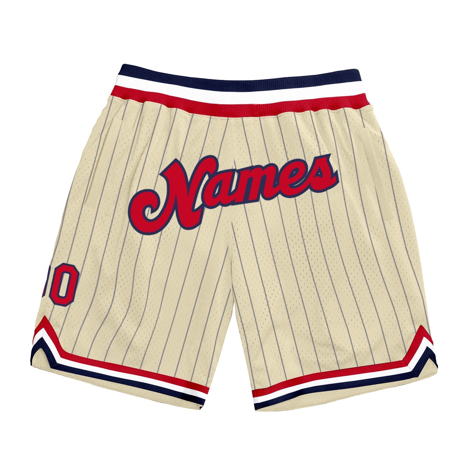 Custom Cream Navy Pinstripe Red-Navy Authentic Basketball Shorts - Main View