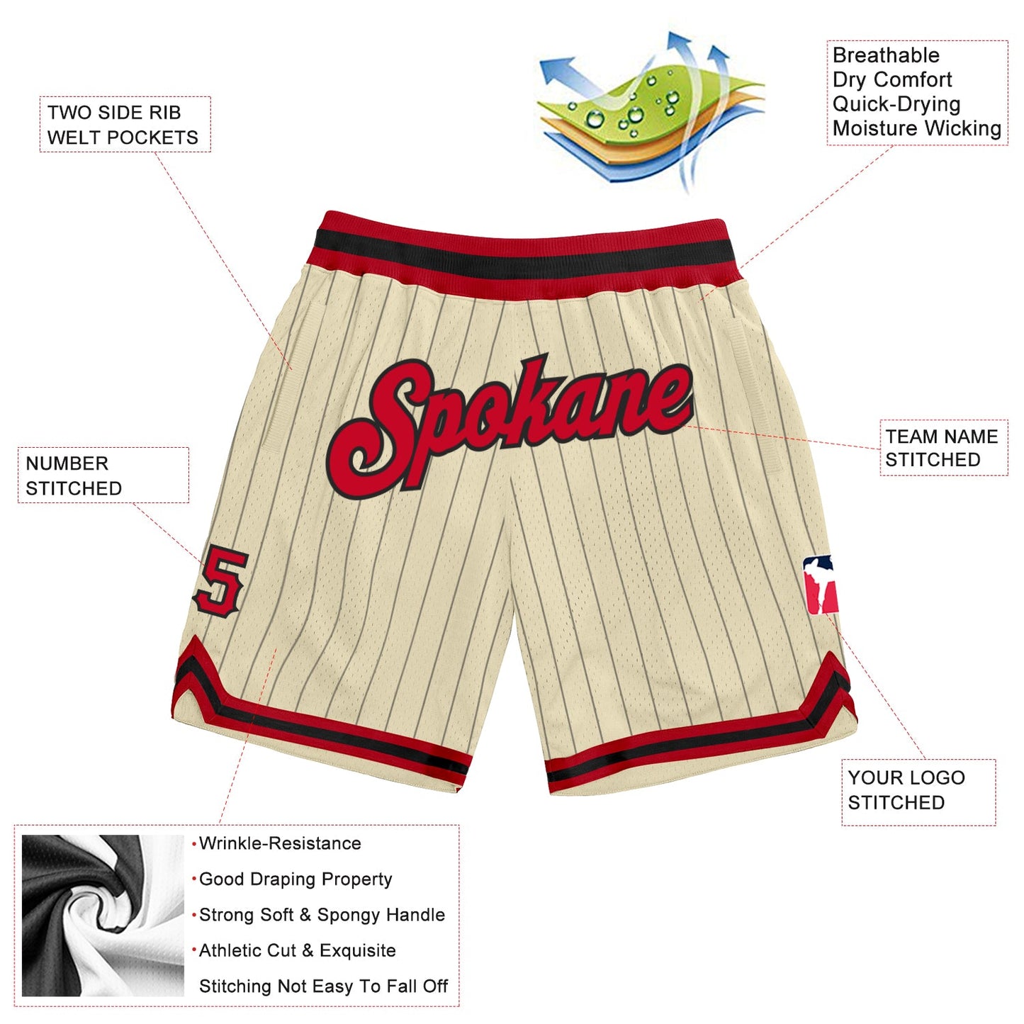 Custom Cream Black Pinstripe Red-Black Authentic Basketball Shorts view 2