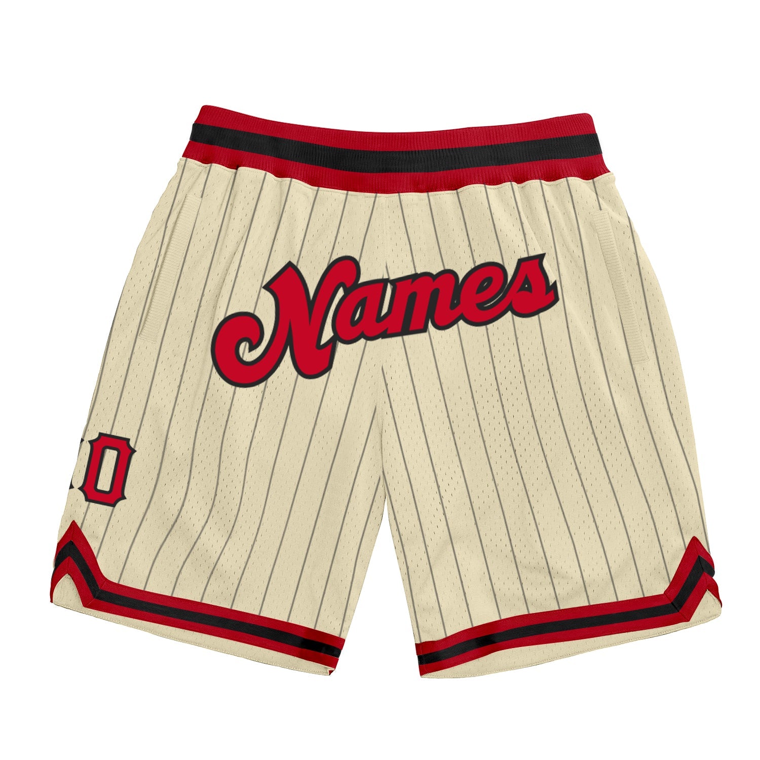 Custom Cream Black Pinstripe Red-Black Authentic Basketball Shorts - Main View