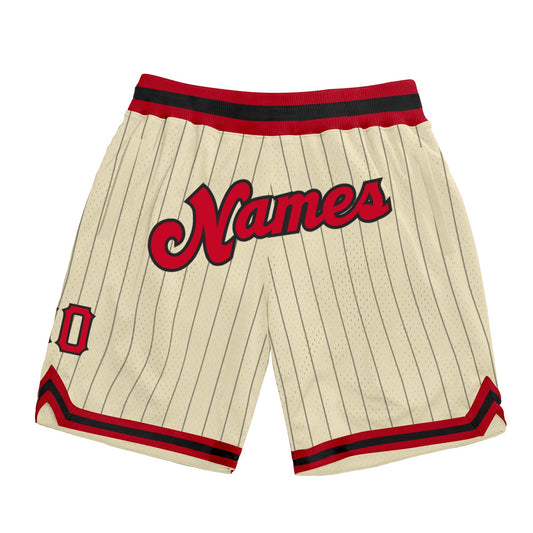 Custom Cream Black Pinstripe Red-Black Authentic Basketball Shorts - Main View