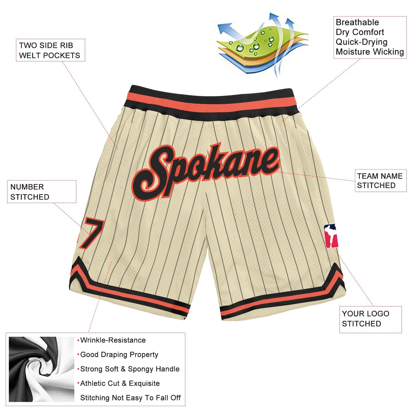 Custom Cream Black Pinstripe Black-Orange Authentic Basketball Shorts view 2