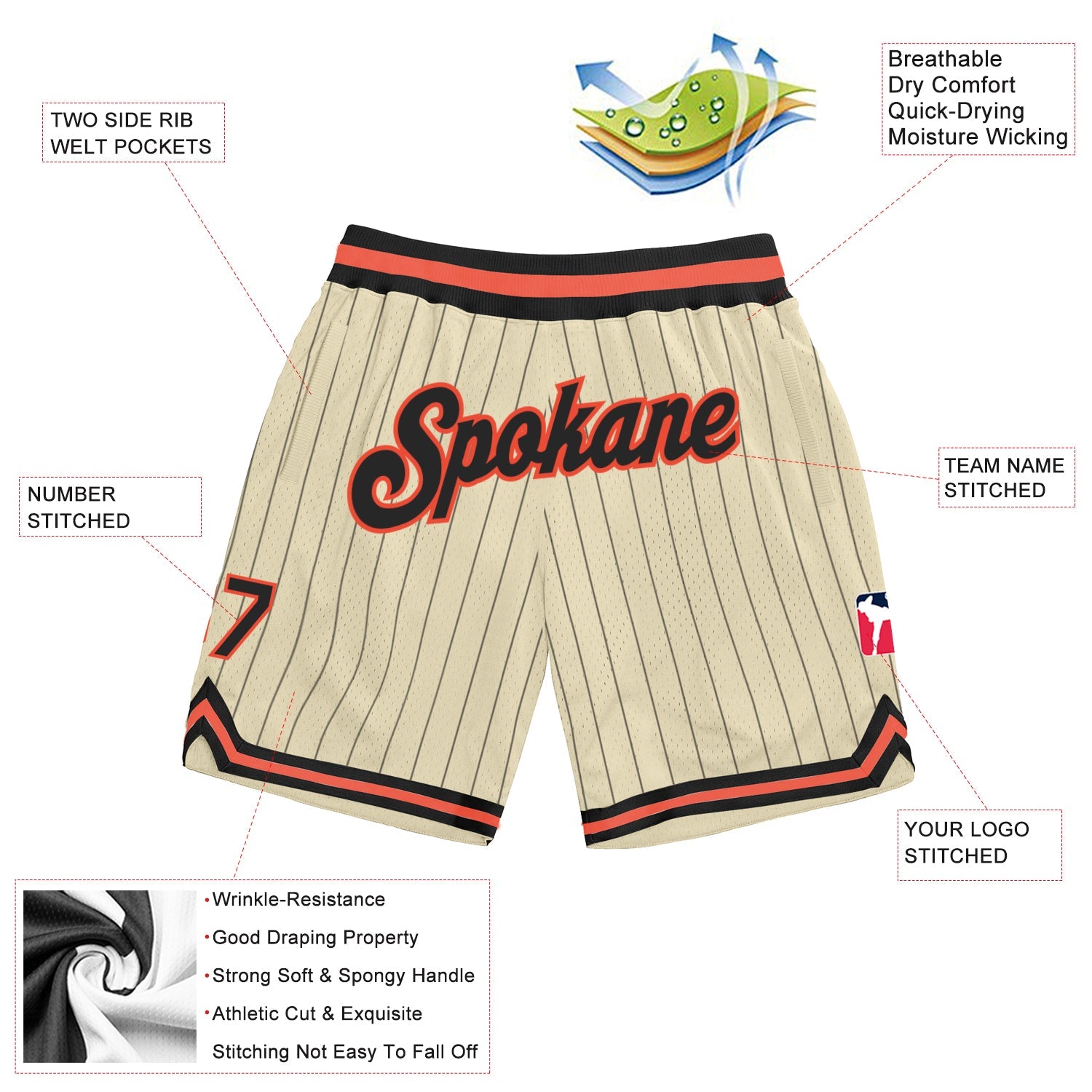 Custom Cream Black Pinstripe Black-Orange Authentic Basketball Shorts view 2