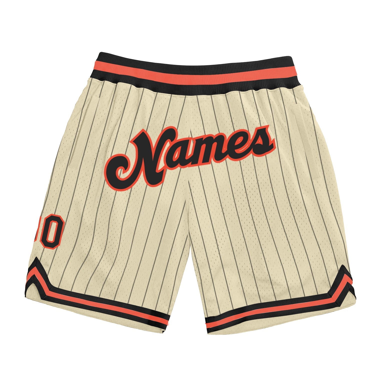 Custom Cream Black Pinstripe Black-Orange Authentic Basketball Shorts - Main View