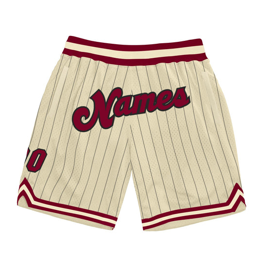 Custom Cream Black Pinstripe Maroon-Black Authentic Basketball Shorts - Main View