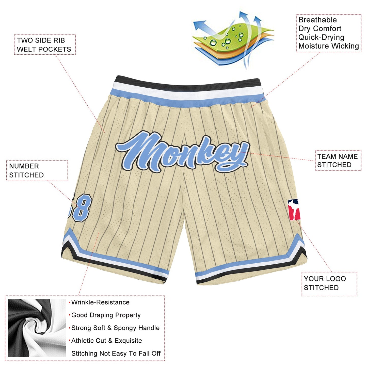Custom Cream Black Pinstripe Light Blue-White Authentic Basketball Shorts view 2
