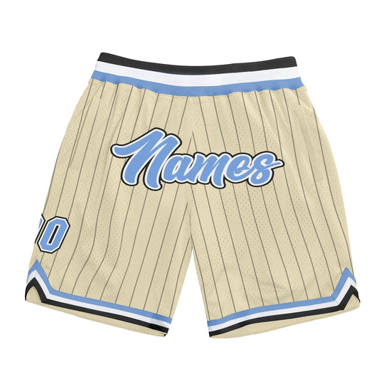 Custom Cream Black Pinstripe Light Blue-White Authentic Basketball Shorts - Main View