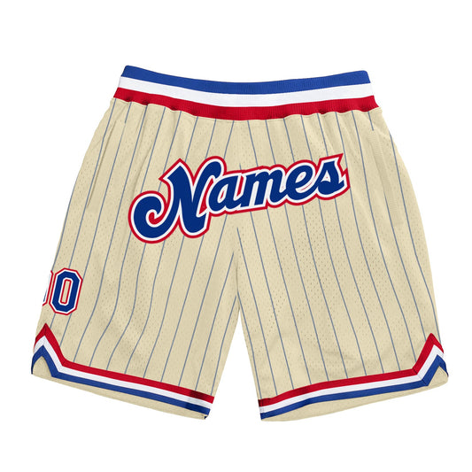 Custom Cream Royal Pinstripe Royal-Red Authentic Basketball Shorts - Main View