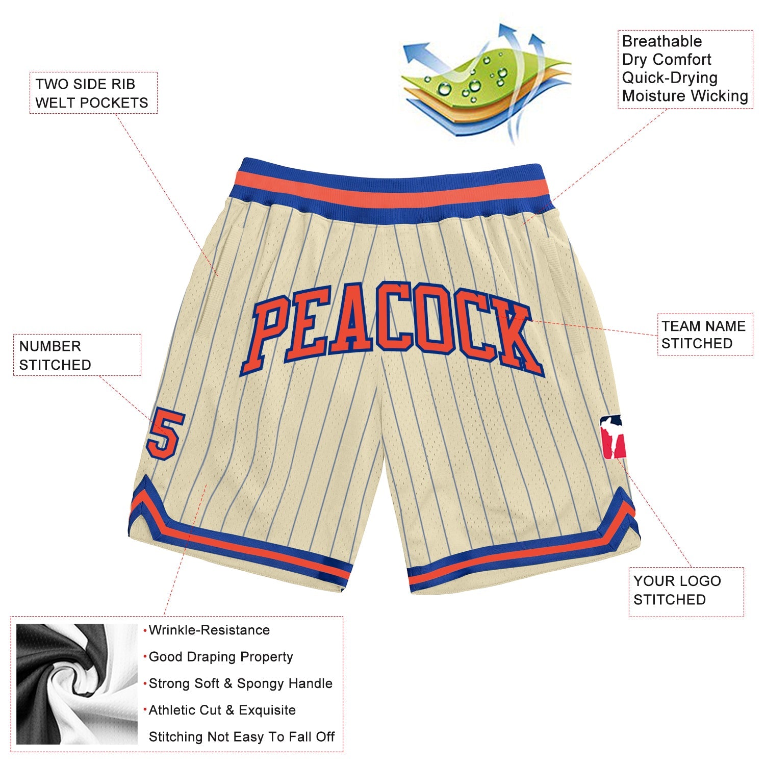 Custom Cream Royal Pinstripe Orange-Royal Authentic Basketball Shorts view 2