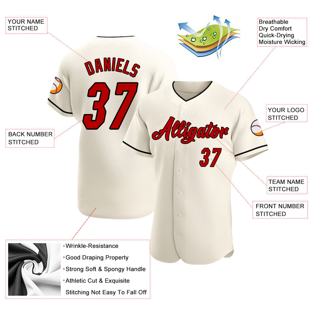 Custom Cream Red-Black Authentic Baseball Jersey view 3