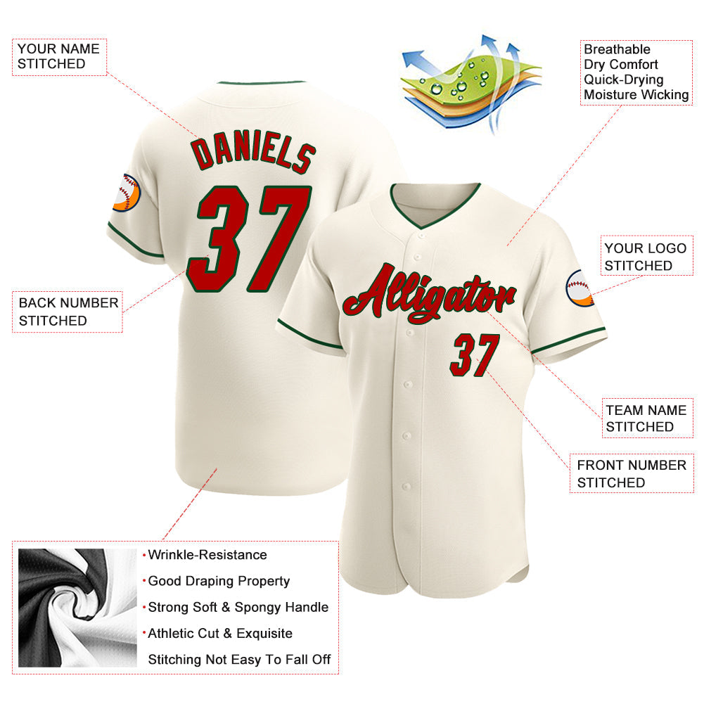 Custom Cream Red-Green Authentic Baseball Jersey view 3