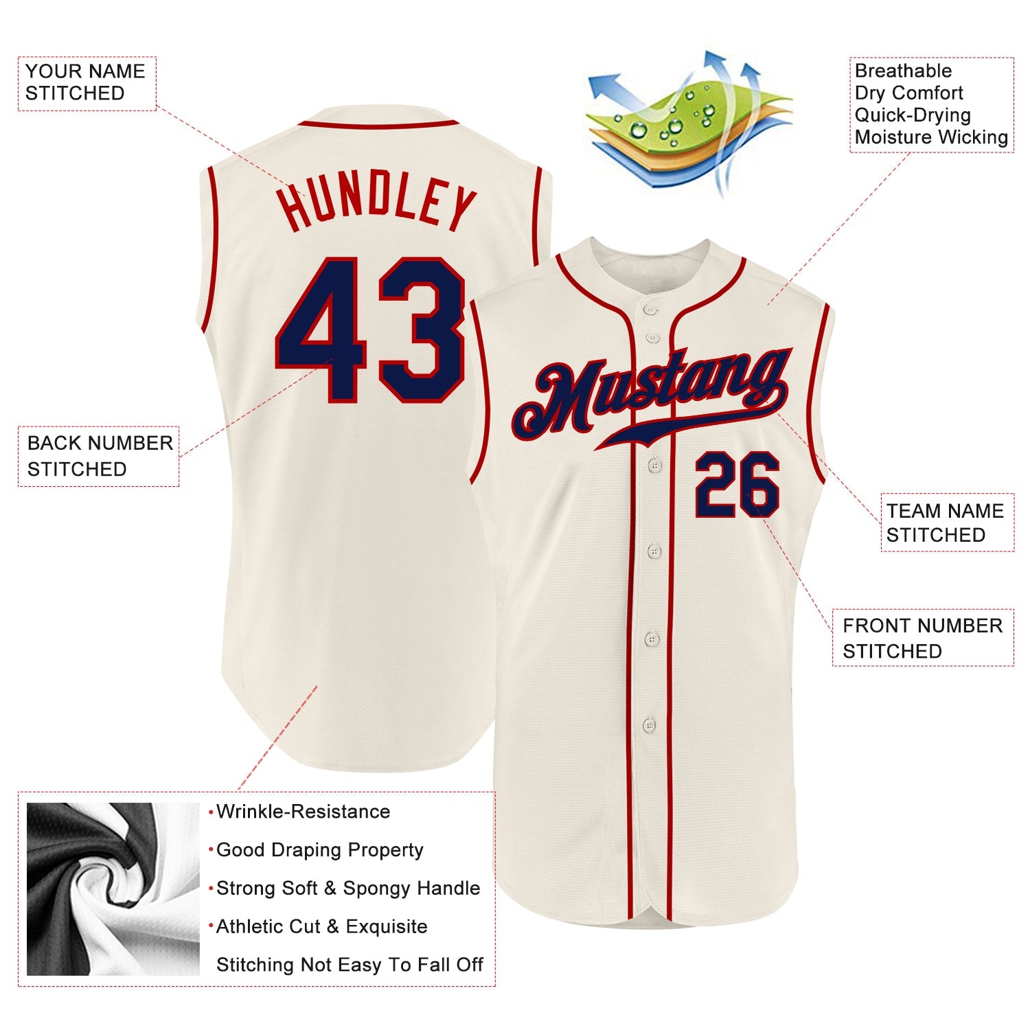 Custom Cream Navy-Red Authentic Sleeveless Baseball Jersey view 2