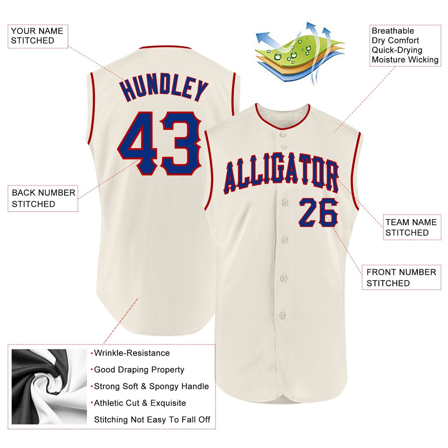 Custom Cream Royal-Red Authentic Sleeveless Baseball Jersey view 2