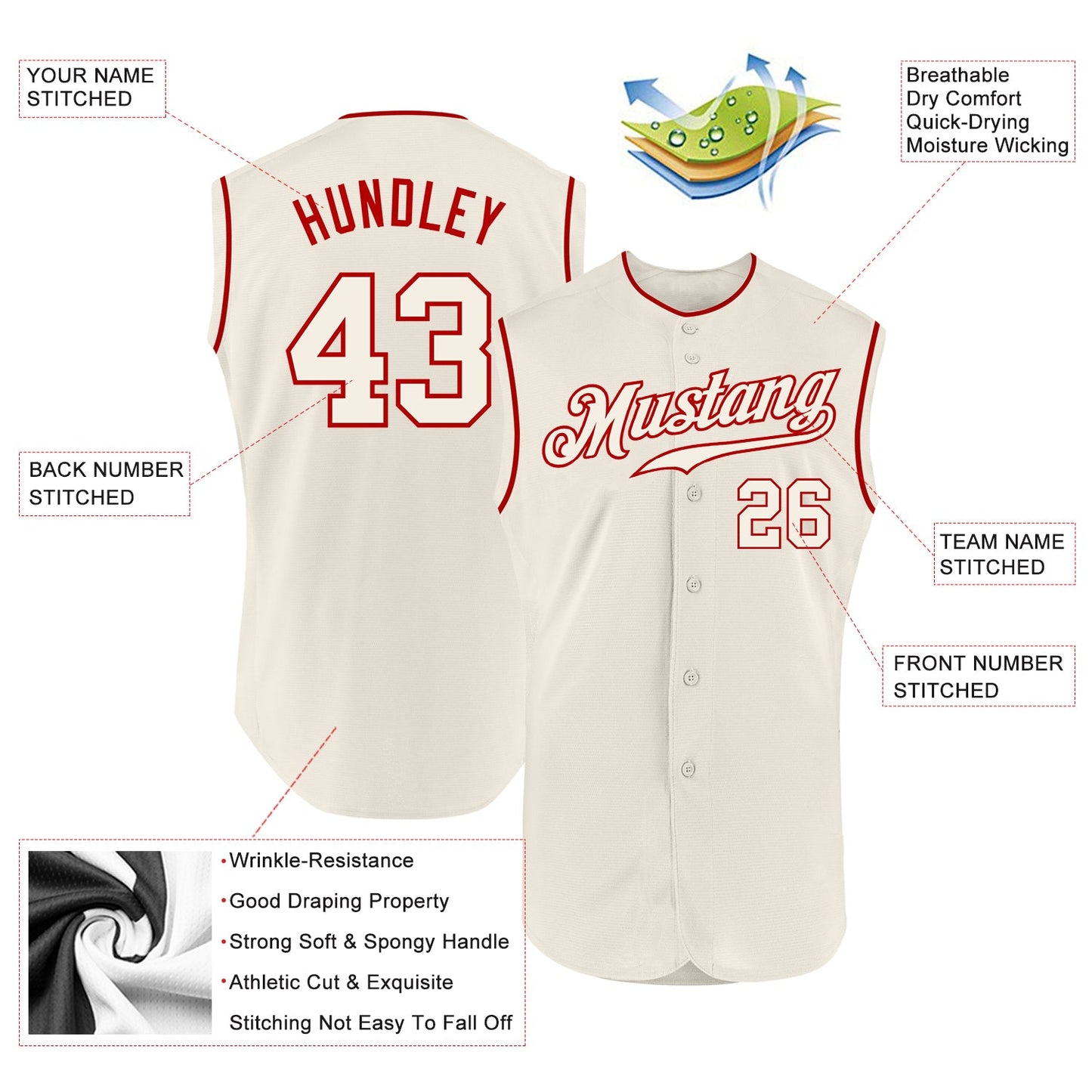 Custom Cream Cream-Red Authentic Sleeveless Baseball Jersey view 2