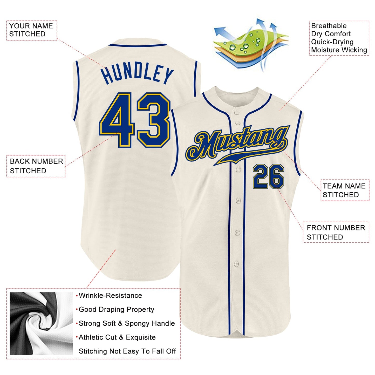 Custom Cream Royal-Gold Authentic Sleeveless Baseball Jersey view 2