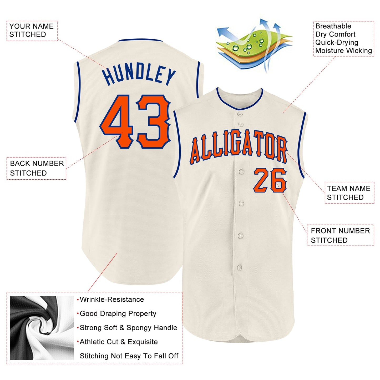 Custom Cream Orange-Royal Authentic Sleeveless Baseball Jersey view 2