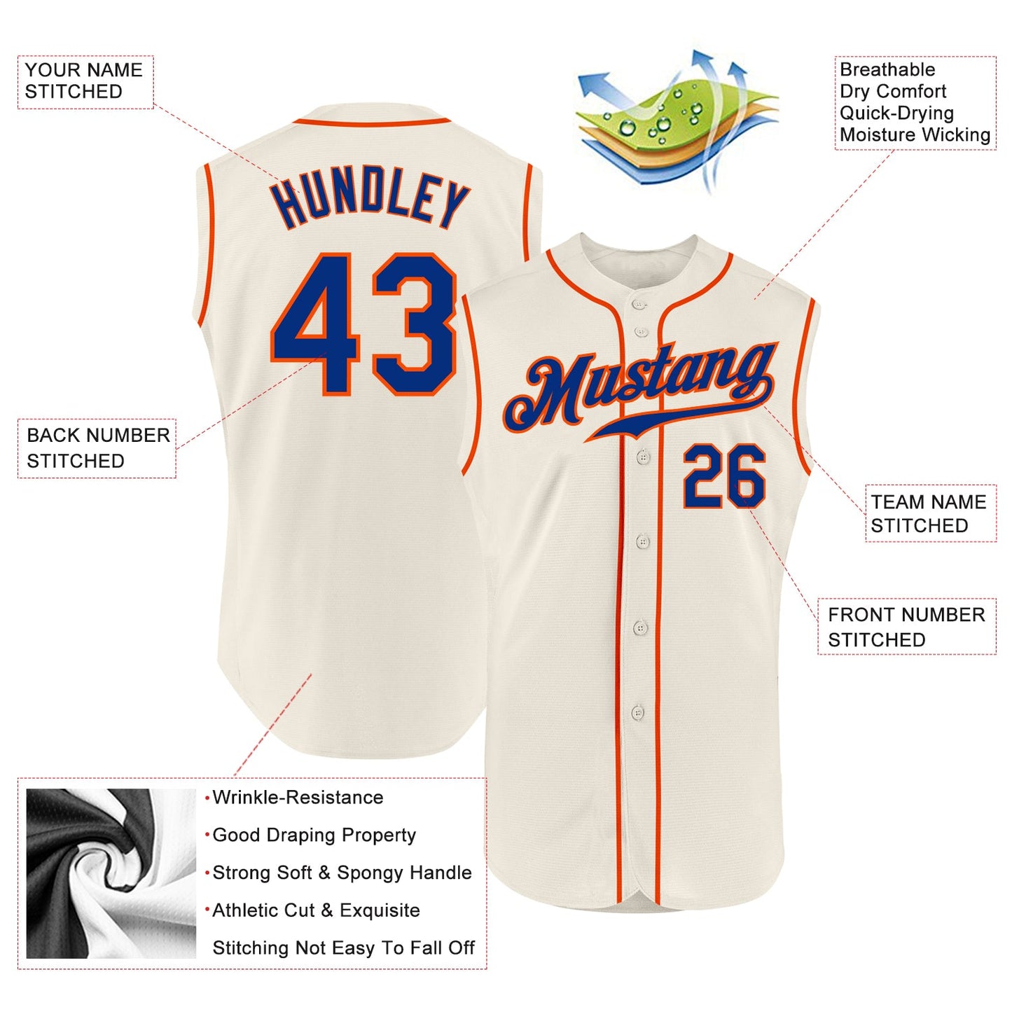 Custom Cream Royal-Orange Authentic Sleeveless Baseball Jersey view 2