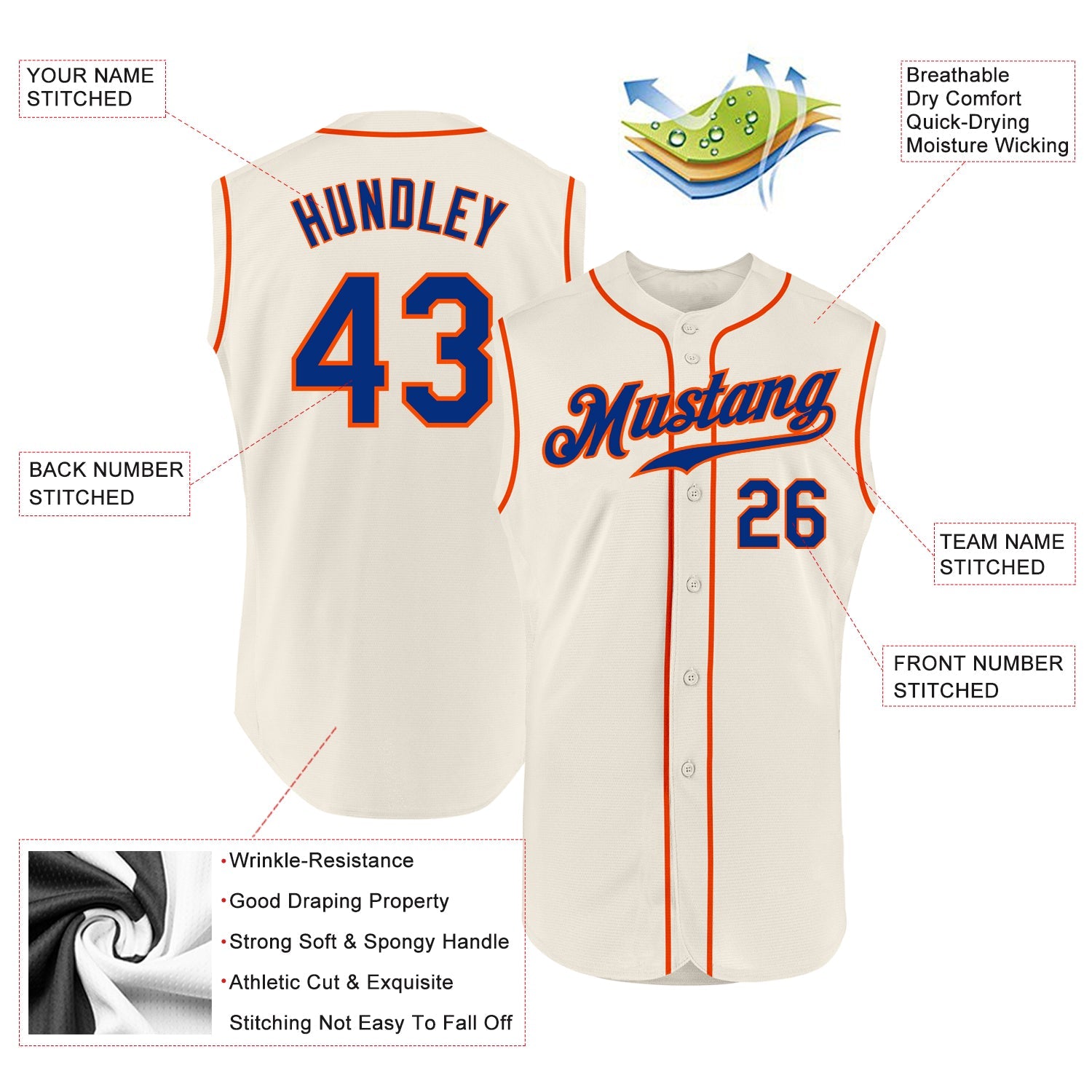Custom Cream Royal-Orange Authentic Sleeveless Baseball Jersey view 2