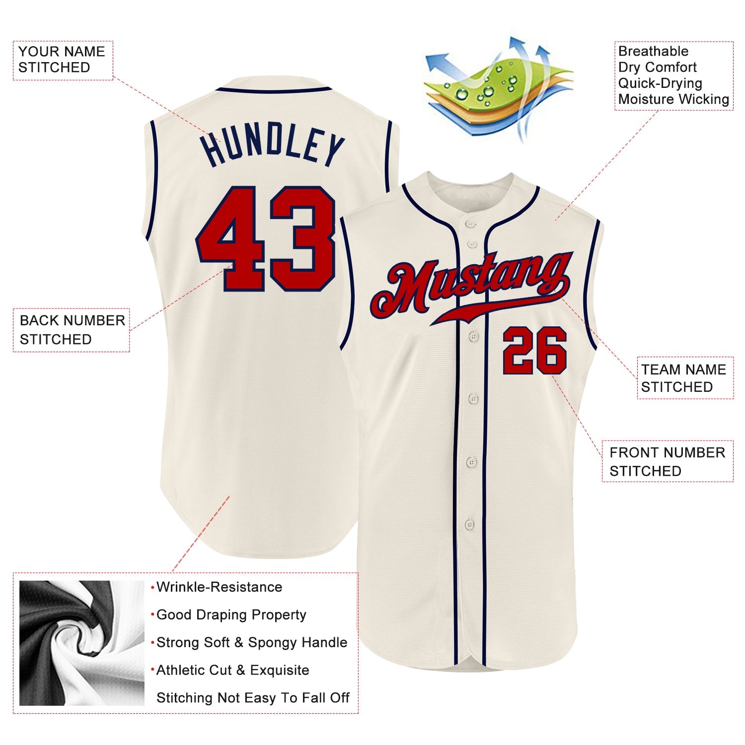 Custom Cream Red-Navy Authentic Sleeveless Baseball Jersey view 2