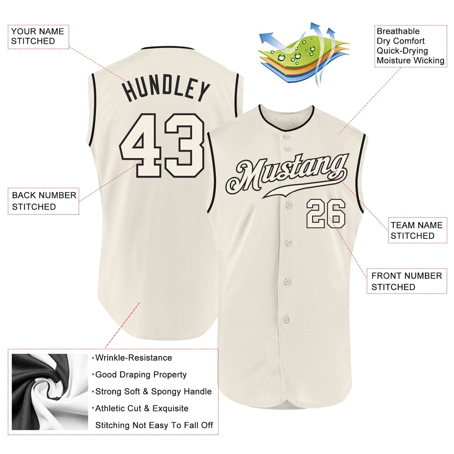 Custom Cream Cream-Black Authentic Sleeveless Baseball Jersey view 2