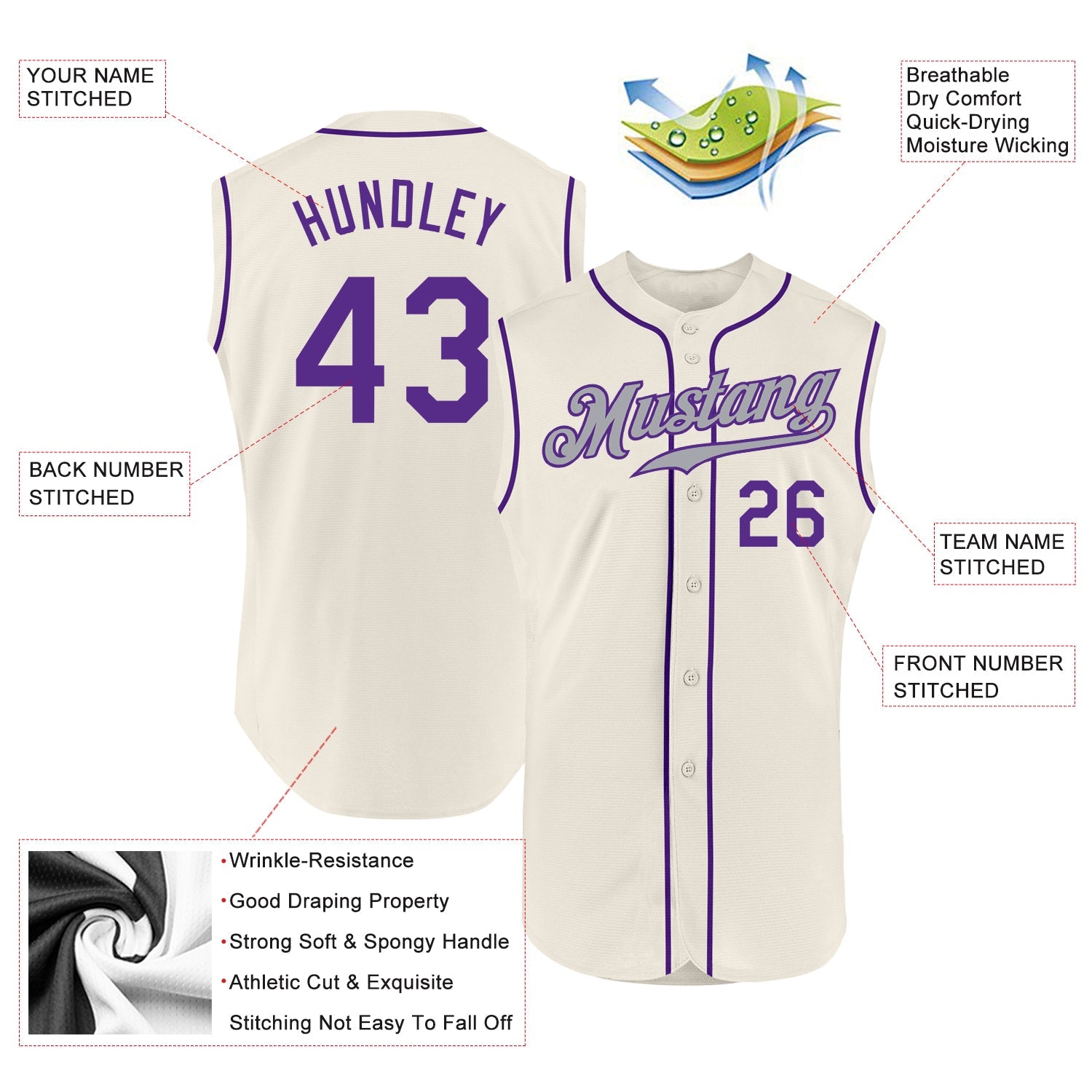 Custom Cream Purple-Gray Authentic Sleeveless Baseball Jersey view 2