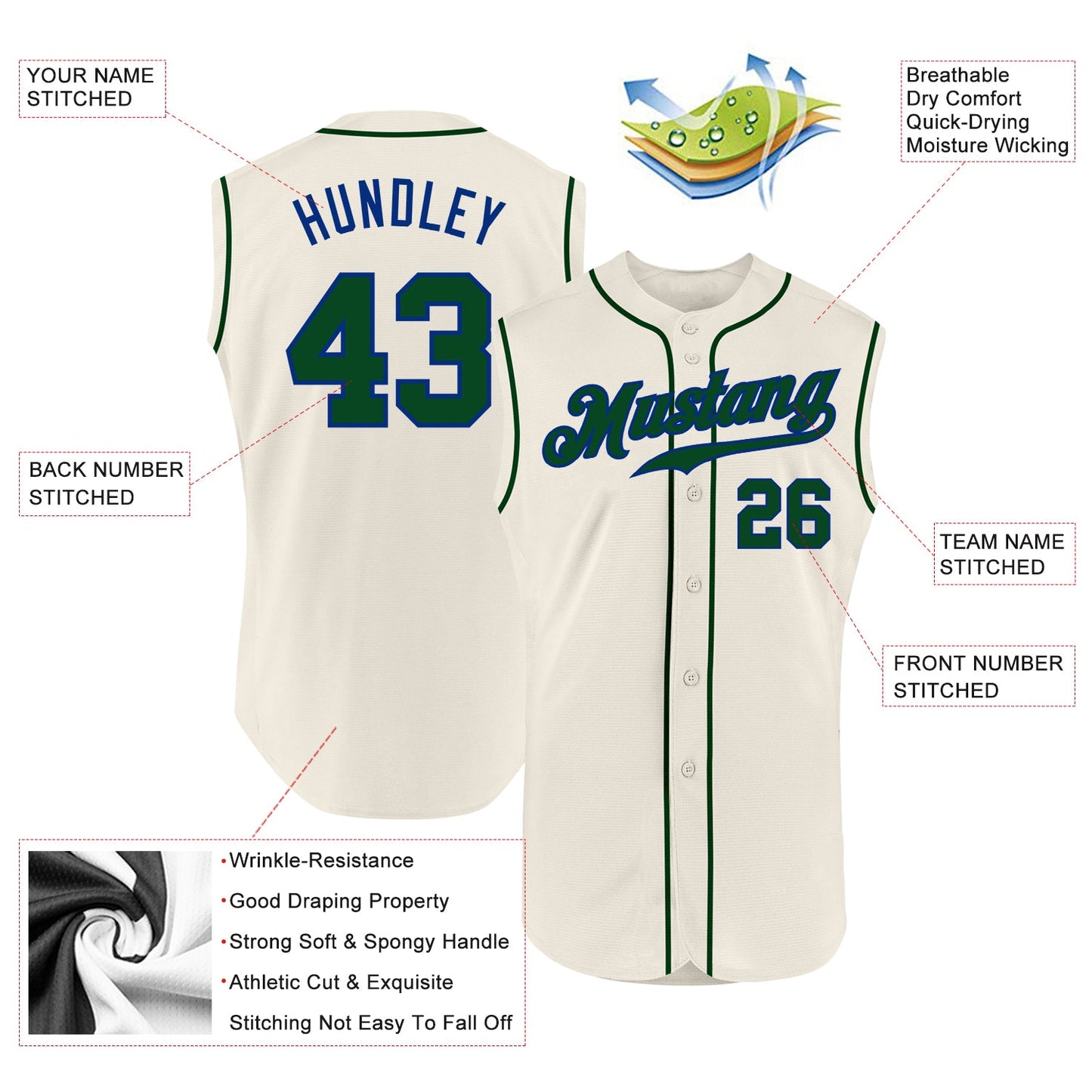 Custom Cream Green-Royal Authentic Sleeveless Baseball Jersey view 2