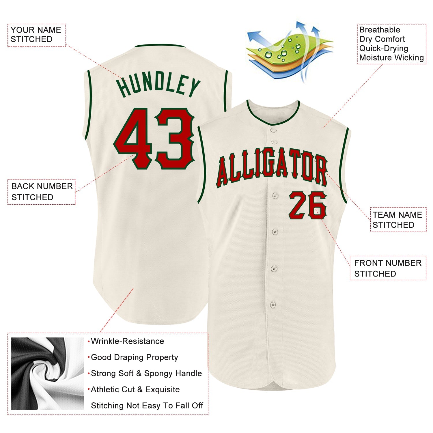 Custom Cream Red-Green Authentic Sleeveless Baseball Jersey view 2