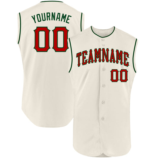 Custom Cream Red-Green Authentic Sleeveless Baseball Jersey - Main View