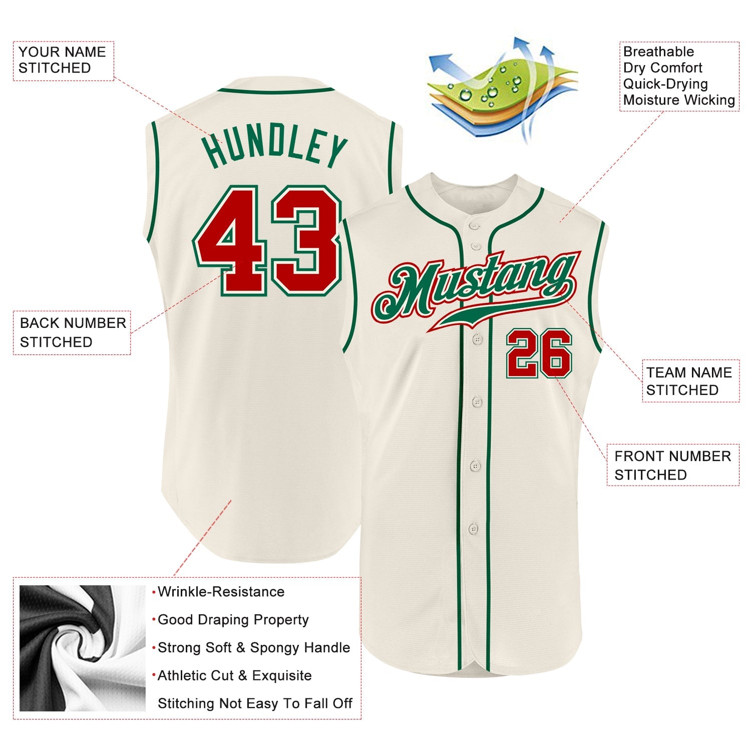 Custom Cream Red-Kelly Green Authentic Sleeveless Baseball Jersey view 2